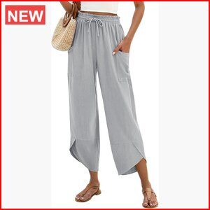 Linen Palazzo Pants Wide Leg Elastic Waist Harem Lounge Casual
